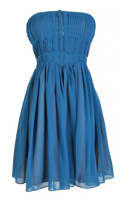 Pleated Strapless Hook and Eye Designer Dress by Minuet in Teal